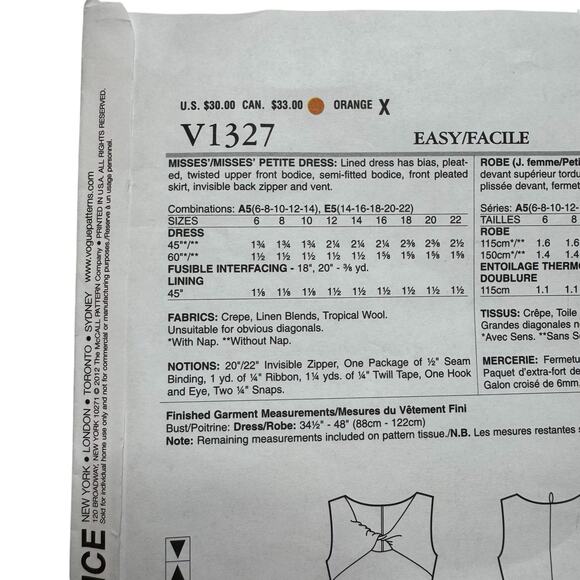 VOGUE Anne Klein Twist Front Pleated Dress Pattern V1327 Size E5 Uncut Career - Picture 4 of 5